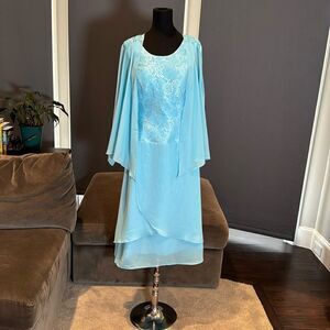Womens Blue Chiffon Formal Dress Floral Lace Detail Matching Jacket Size 14 NWOT